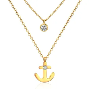 Cubic Zirconia & 18K Gold-Plated Anchor Layered Pendant Necklace