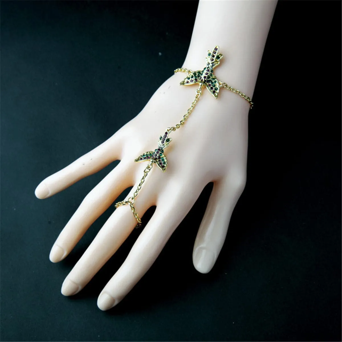 Cubic Zirconia & 18K Gold-Plated Bird Wrist-To-Ring Bracelet