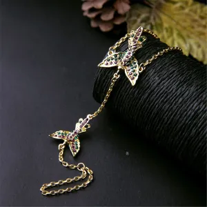 Cubic Zirconia & 18K Gold-Plated Bird Wrist-To-Ring Bracelet