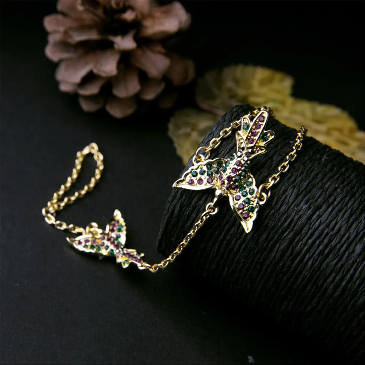 Cubic Zirconia & 18K Gold-Plated Bird Wrist-To-Ring Bracelet