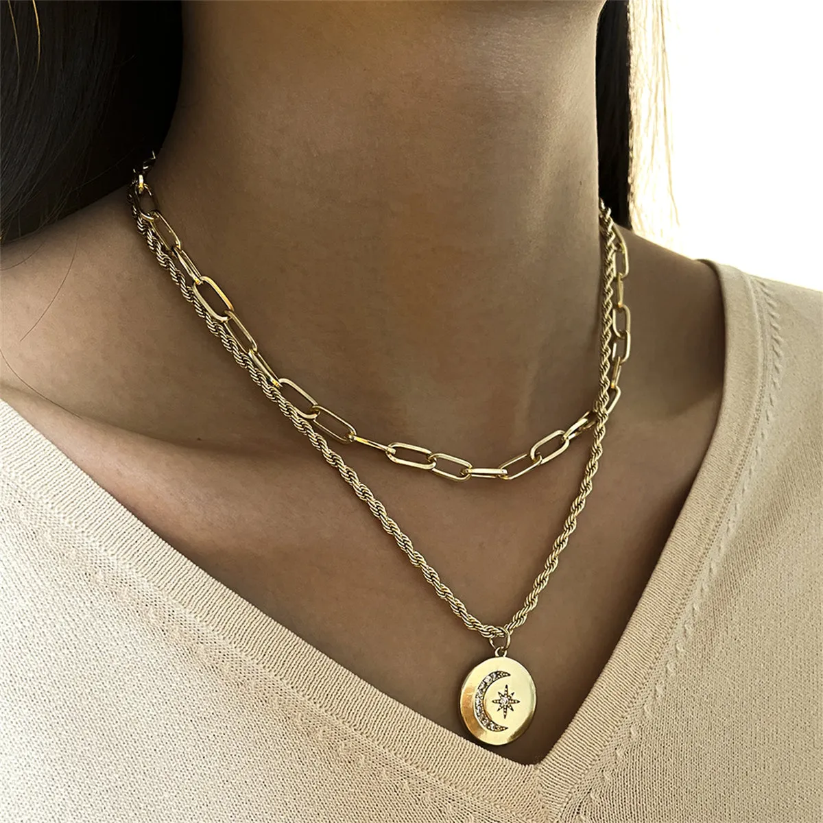 Cubic Zirconia & 18K Gold-Plated Celestial Coin Pendant Layered Necklace