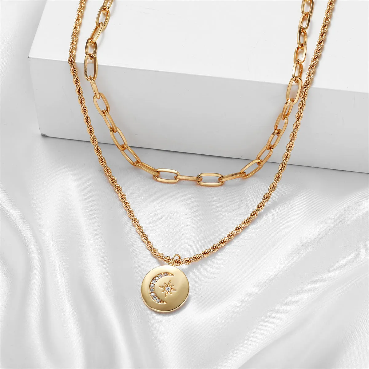 Cubic Zirconia & 18K Gold-Plated Celestial Coin Pendant Layered Necklace