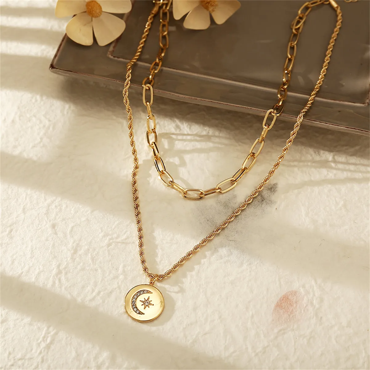 Cubic Zirconia & 18K Gold-Plated Celestial Coin Pendant Layered Necklace