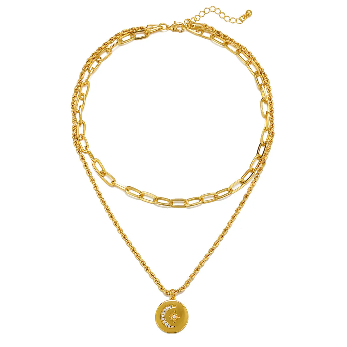 Cubic Zirconia & 18K Gold-Plated Celestial Coin Pendant Layered Necklace