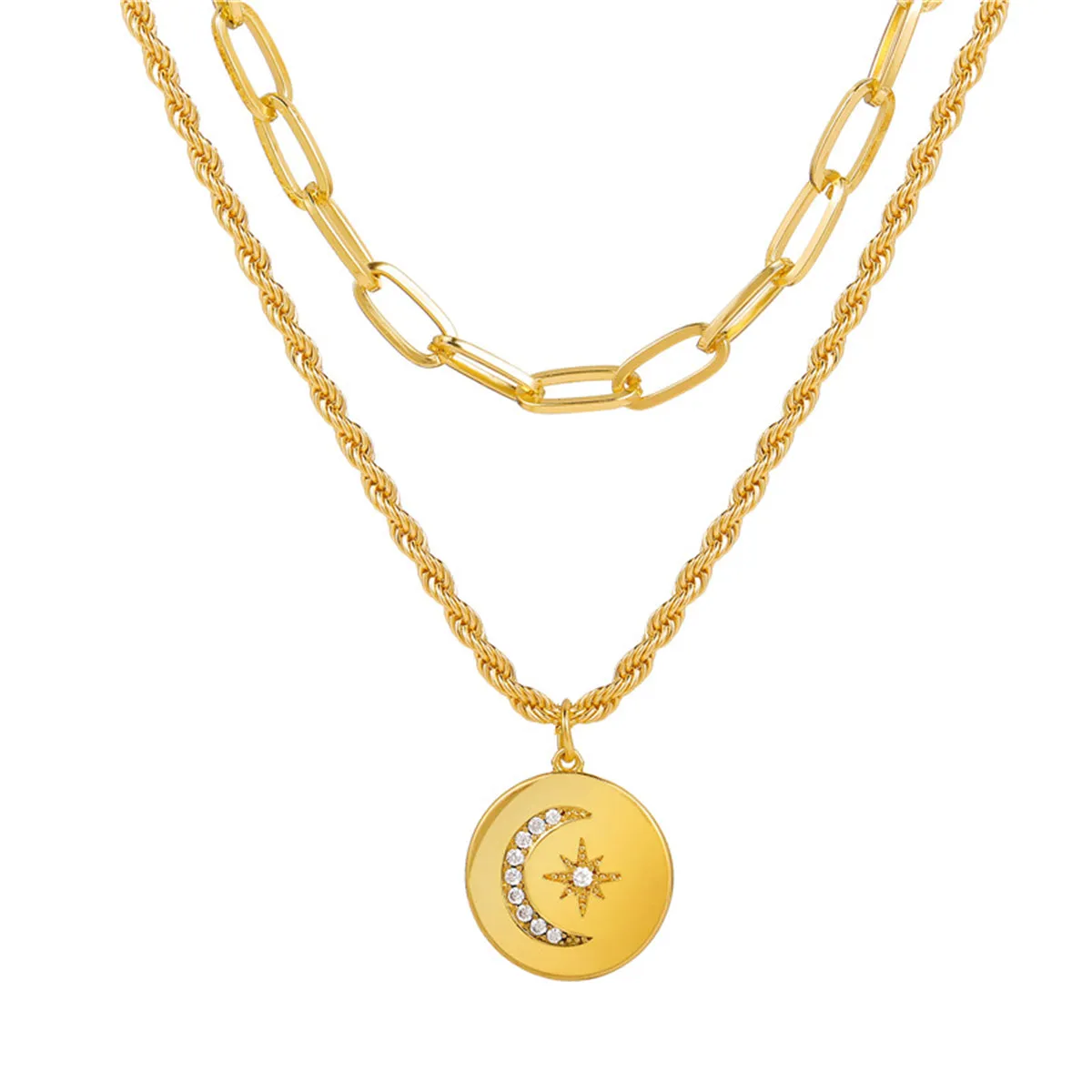 Cubic Zirconia & 18K Gold-Plated Celestial Coin Pendant Layered Necklace