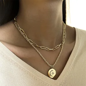 Cubic Zirconia & 18K Gold-Plated Celestial Coin Pendant Layered Necklace