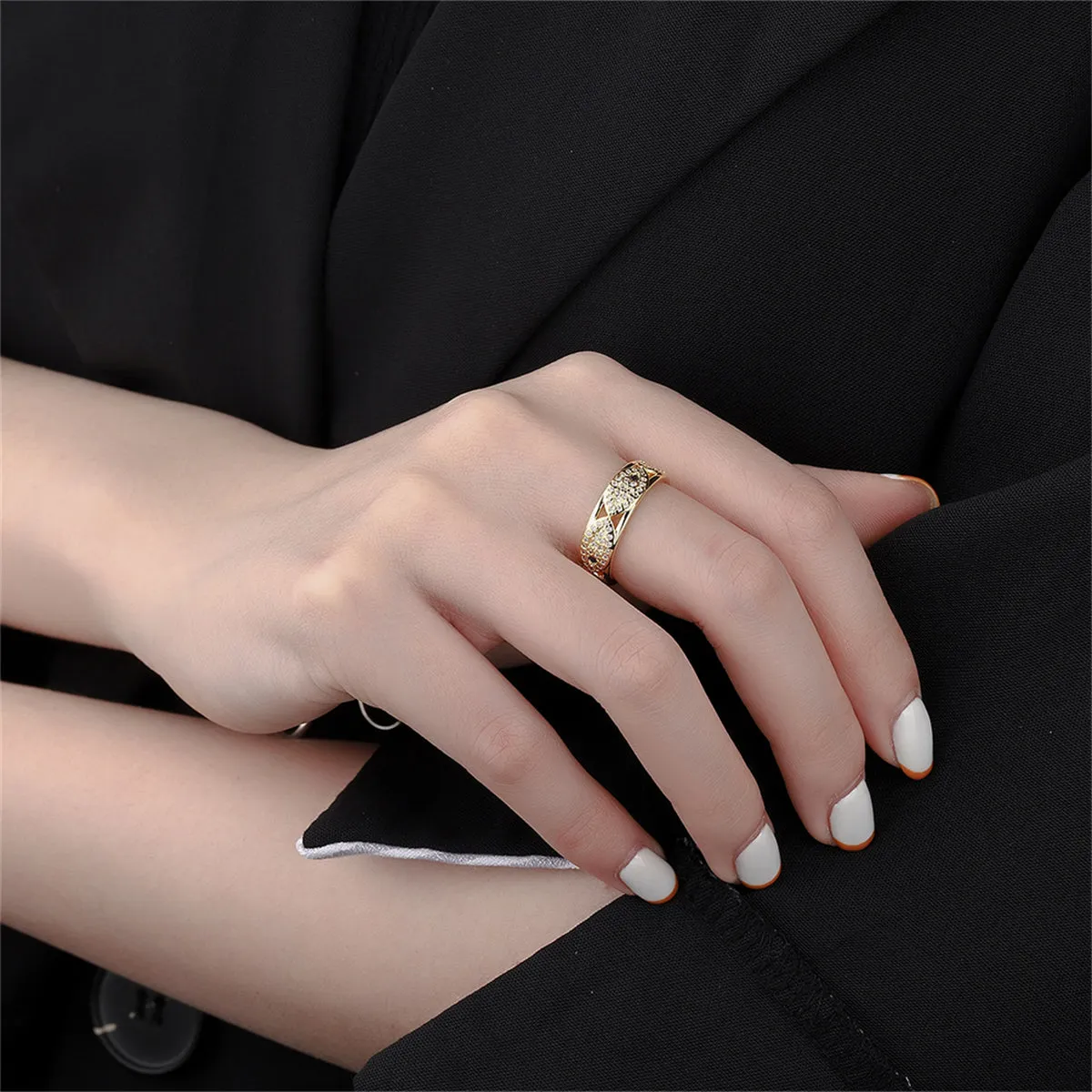 Cubic Zirconia & 18K Gold-Plated Eye Open Band Ring