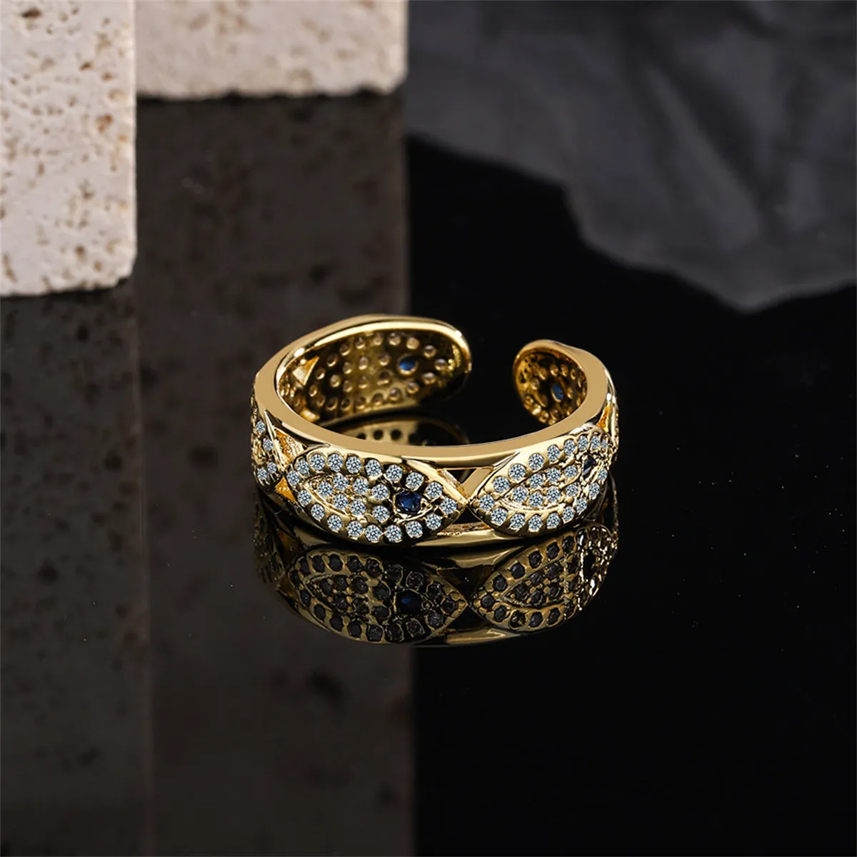 Cubic Zirconia & 18K Gold-Plated Eye Open Band Ring