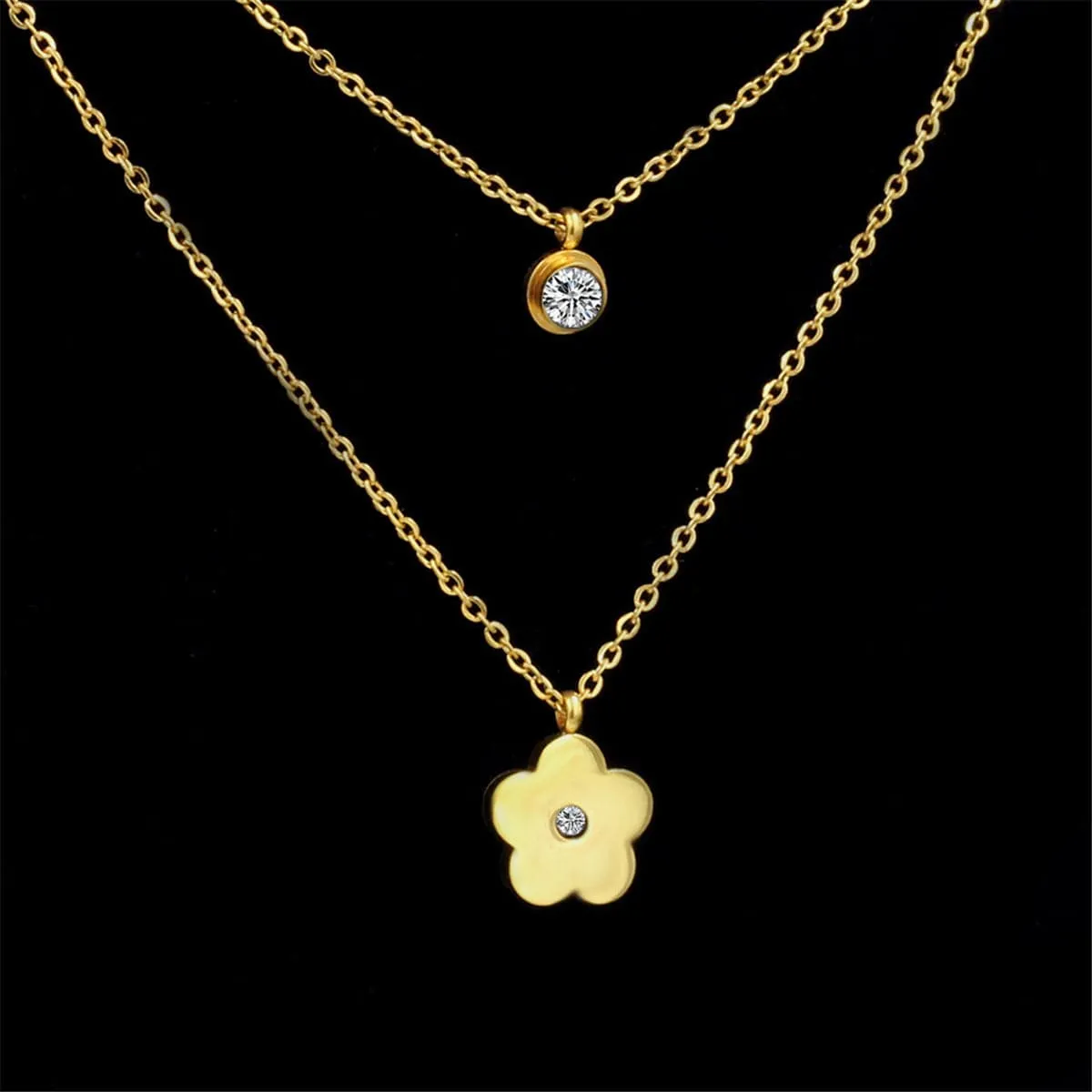 Cubic Zirconia & 18K Gold-Plated Flower Layered Pendant Necklace