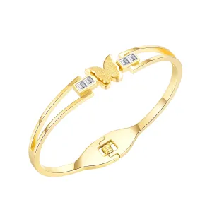 Cubic Zirconia & 18K Gold-Plated Frosted Butterfly Layered Band Bangle