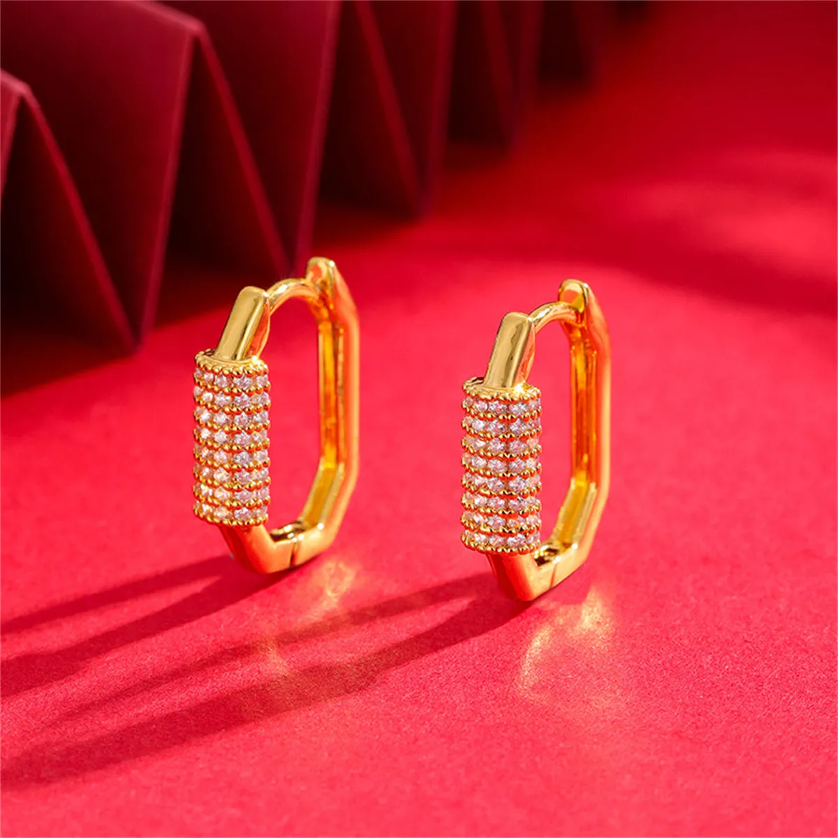 Cubic Zirconia & 18K Gold-Plated Hexagon Huggie Earrings