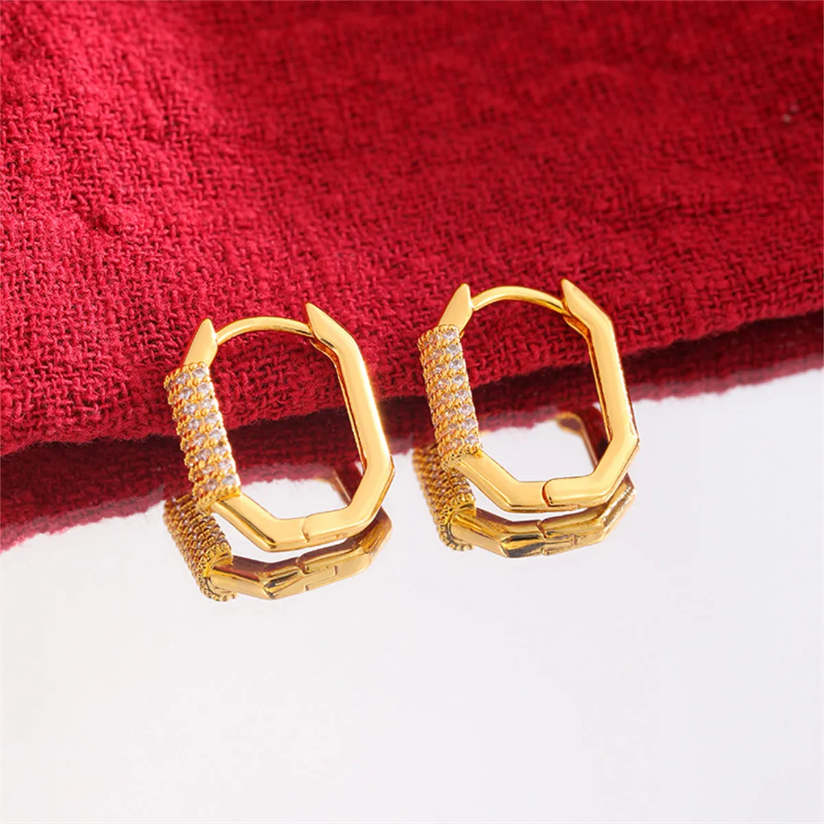 Cubic Zirconia & 18K Gold-Plated Hexagon Huggie Earrings