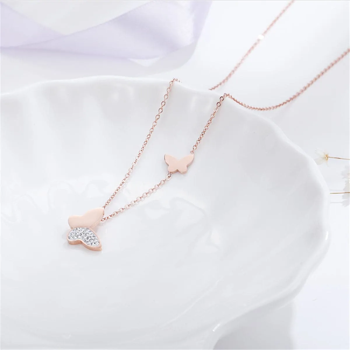 Cubic Zirconia & 18K Rose Gold-Plated Butterfly Pendant Necklace