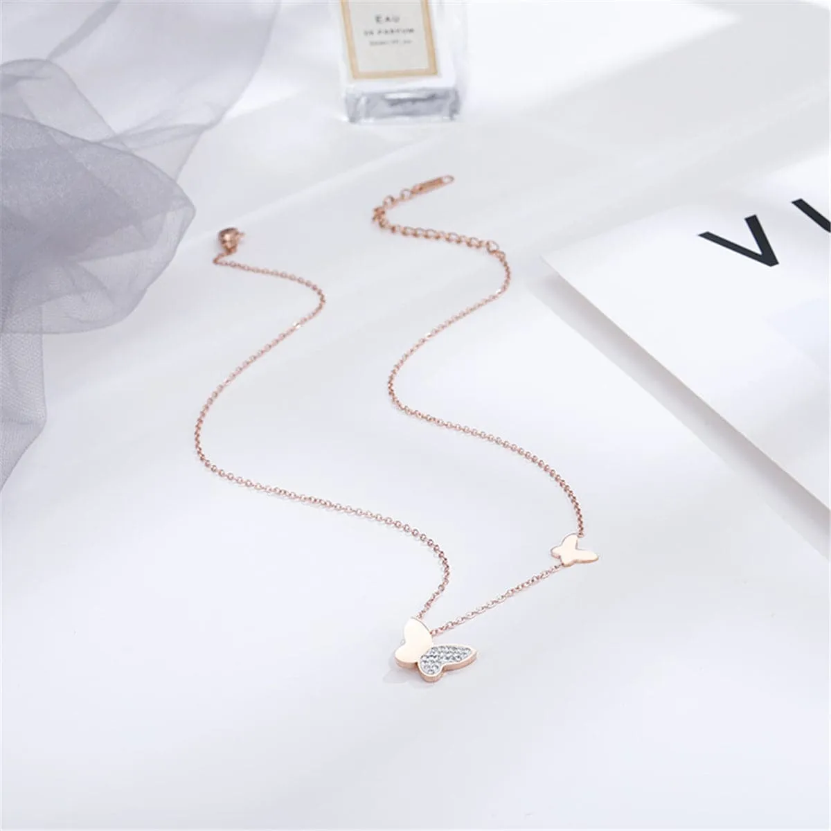 Cubic Zirconia & 18K Rose Gold-Plated Butterfly Pendant Necklace