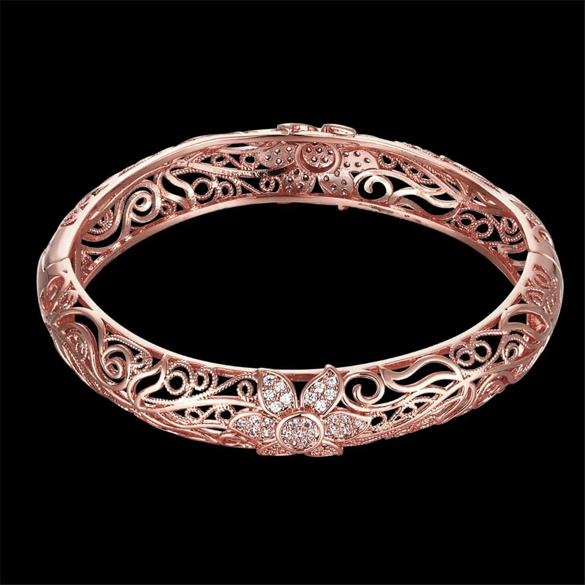 Cubic Zirconia & 18K Rose Gold-Plated Filigree Flower Bangle
