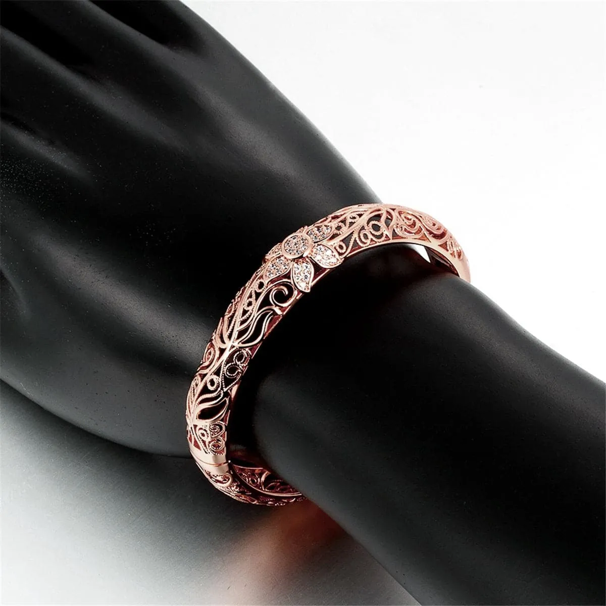 Cubic Zirconia & 18K Rose Gold-Plated Filigree Flower Bangle