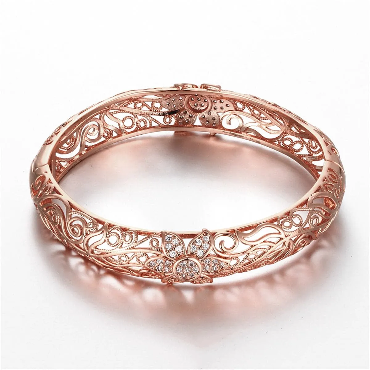 Cubic Zirconia & 18K Rose Gold-Plated Filigree Flower Bangle