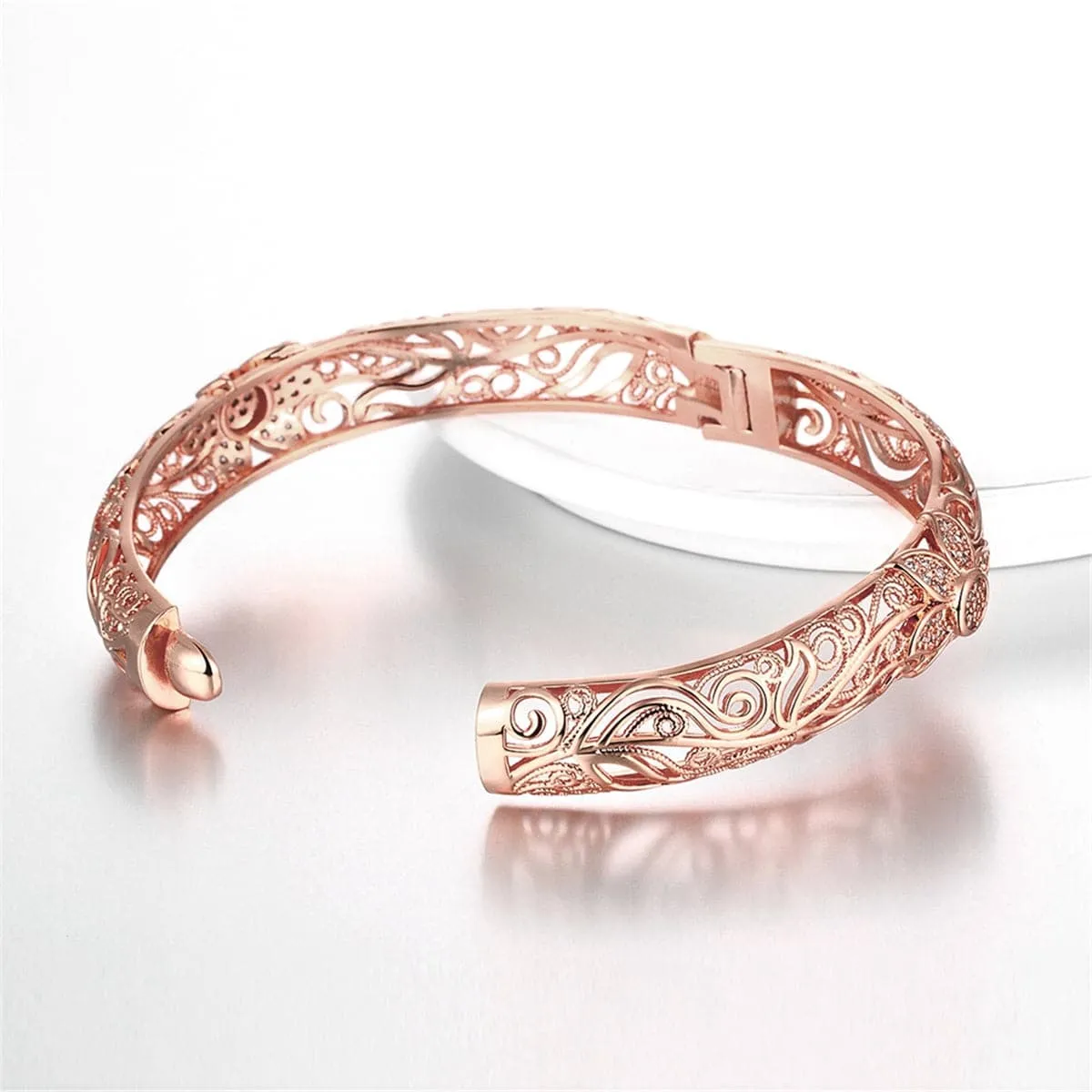 Cubic Zirconia & 18K Rose Gold-Plated Filigree Flower Bangle