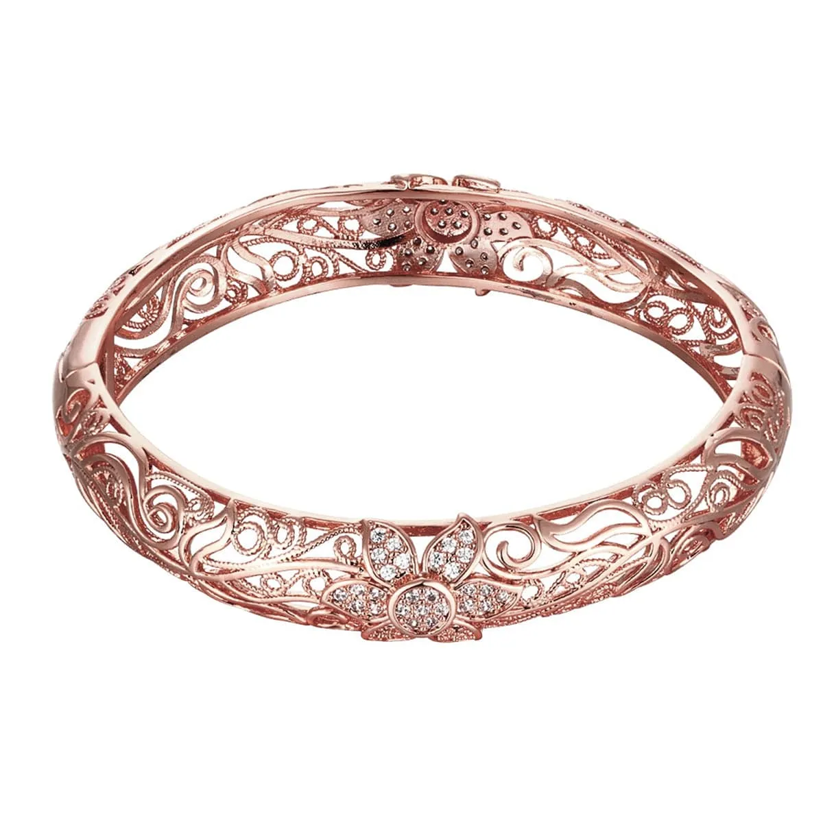 Cubic Zirconia & 18K Rose Gold-Plated Filigree Flower Bangle