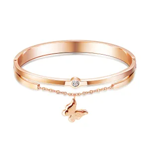 Cubic Zirconia & 18K Rose Gold-Plated Frosted Butterfly Bangle