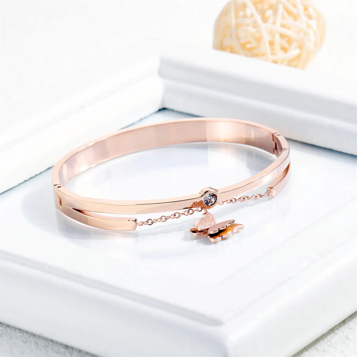 Cubic Zirconia & 18K Rose Gold-Plated Frosted Butterfly Bangle