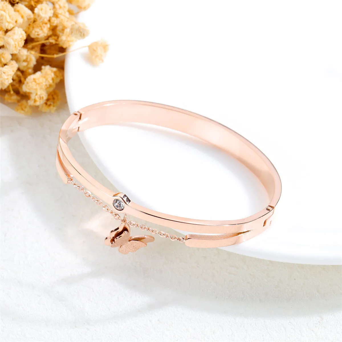 Cubic Zirconia & 18K Rose Gold-Plated Frosted Butterfly Bangle