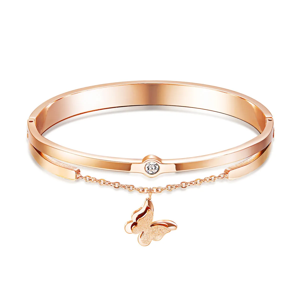 Cubic Zirconia & 18K Rose Gold-Plated Frosted Butterfly Bangle
