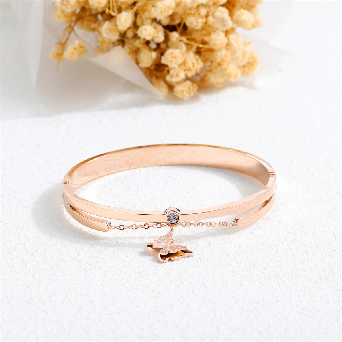 Cubic Zirconia & 18K Rose Gold-Plated Frosted Butterfly Bangle