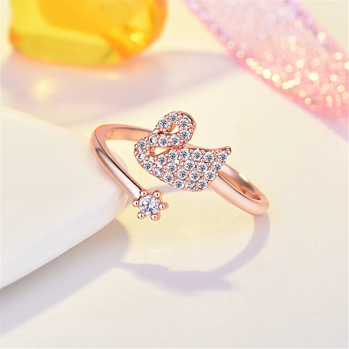 Cubic Zirconia & 18K Rose Gold-Plated Swan Bypass Ring