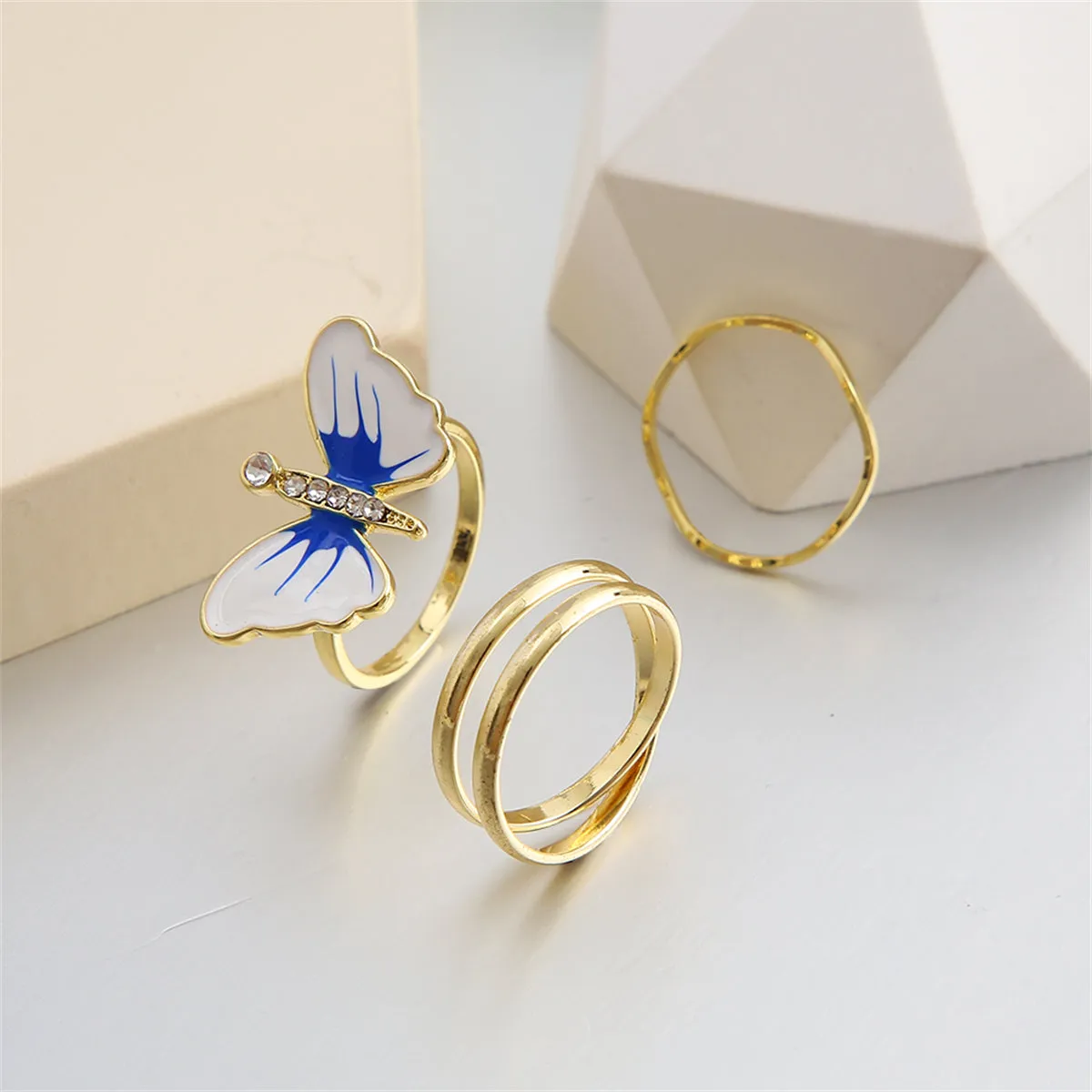 Cubic Zirconia & Blue Three-Piece Butterfly Ring Set