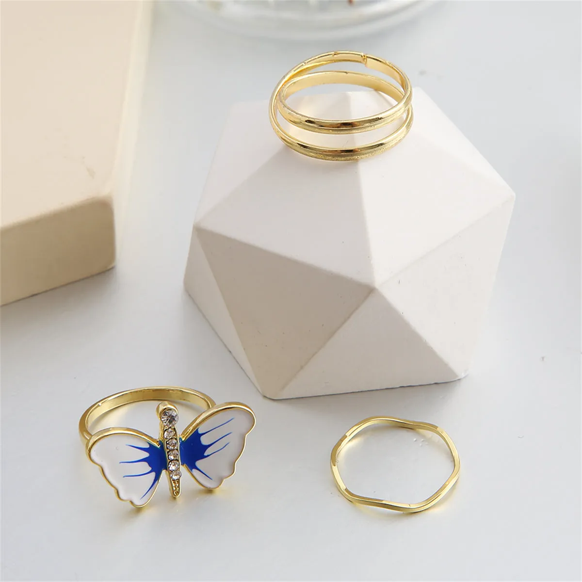 Cubic Zirconia & Blue Three-Piece Butterfly Ring Set