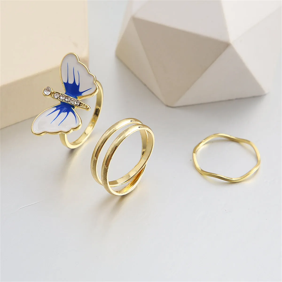 Cubic Zirconia & Blue Three-Piece Butterfly Ring Set