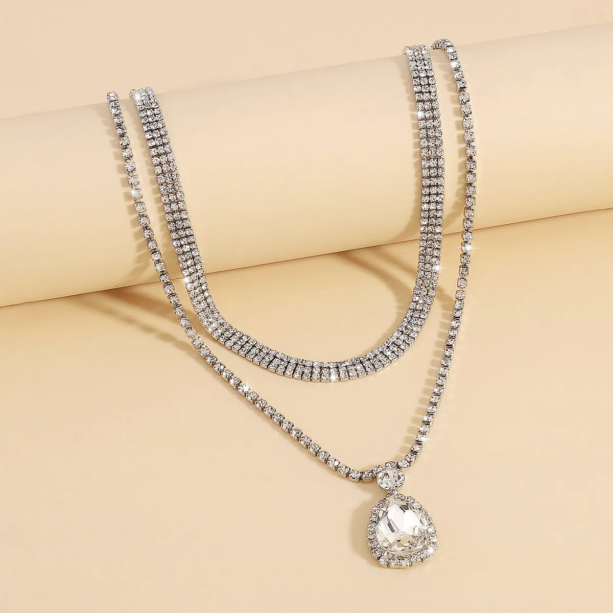 Cubic Zirconia & Crystal Silver-Plated Layered Pendant Necklace