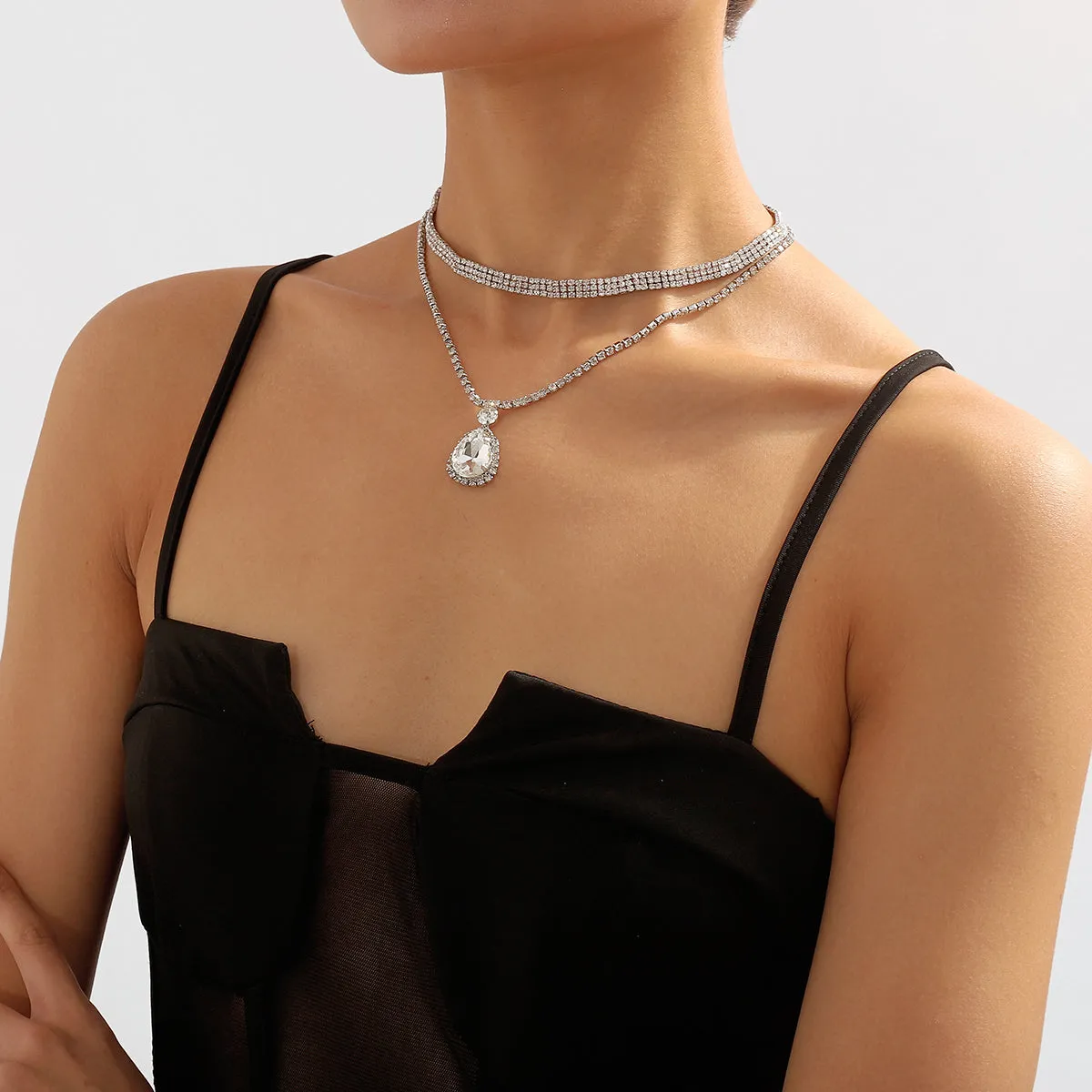 Cubic Zirconia & Crystal Silver-Plated Layered Pendant Necklace