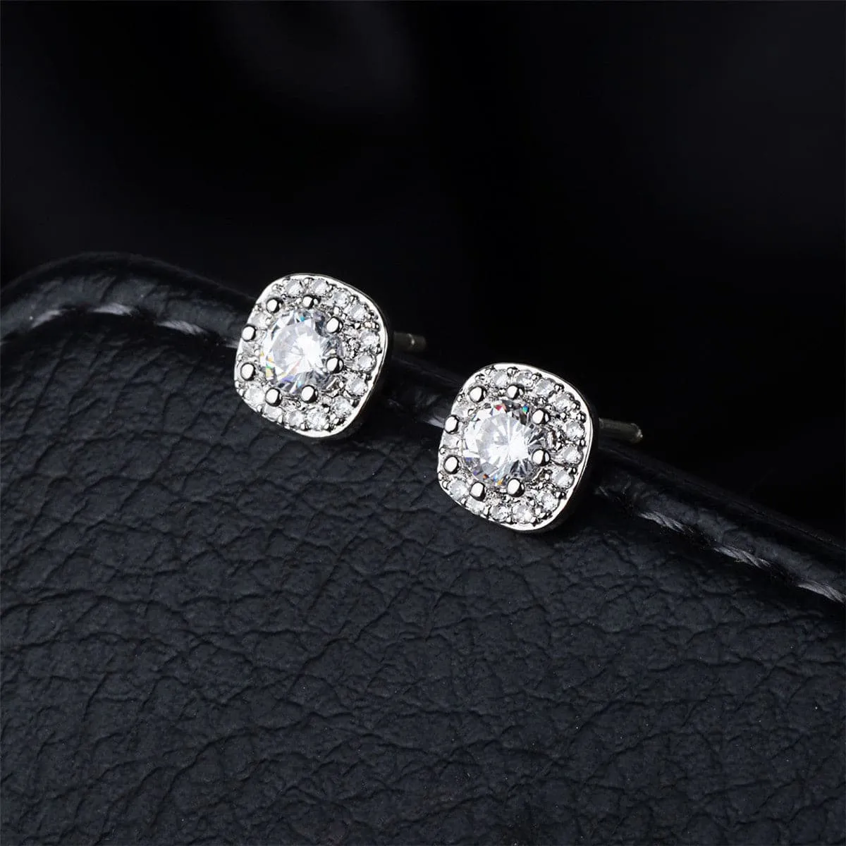 Cubic Zirconia & Crystal Silver-Plated Square Halo Stud Earrings
