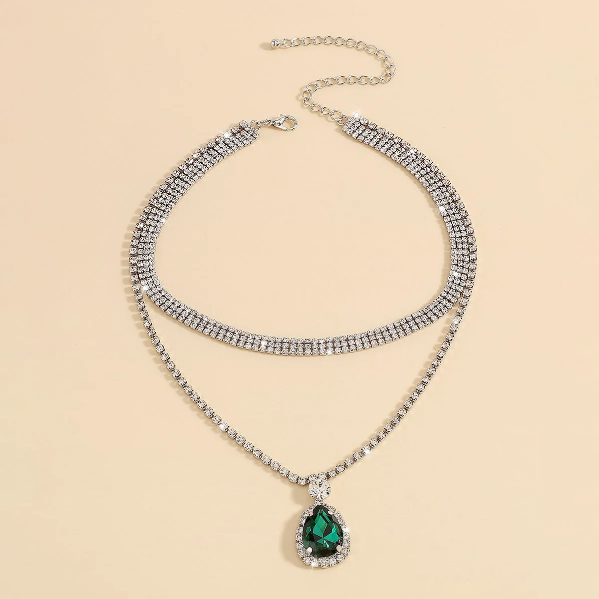Cubic Zirconia & Green Crystal Silver-Plated Layered Pendant Necklace