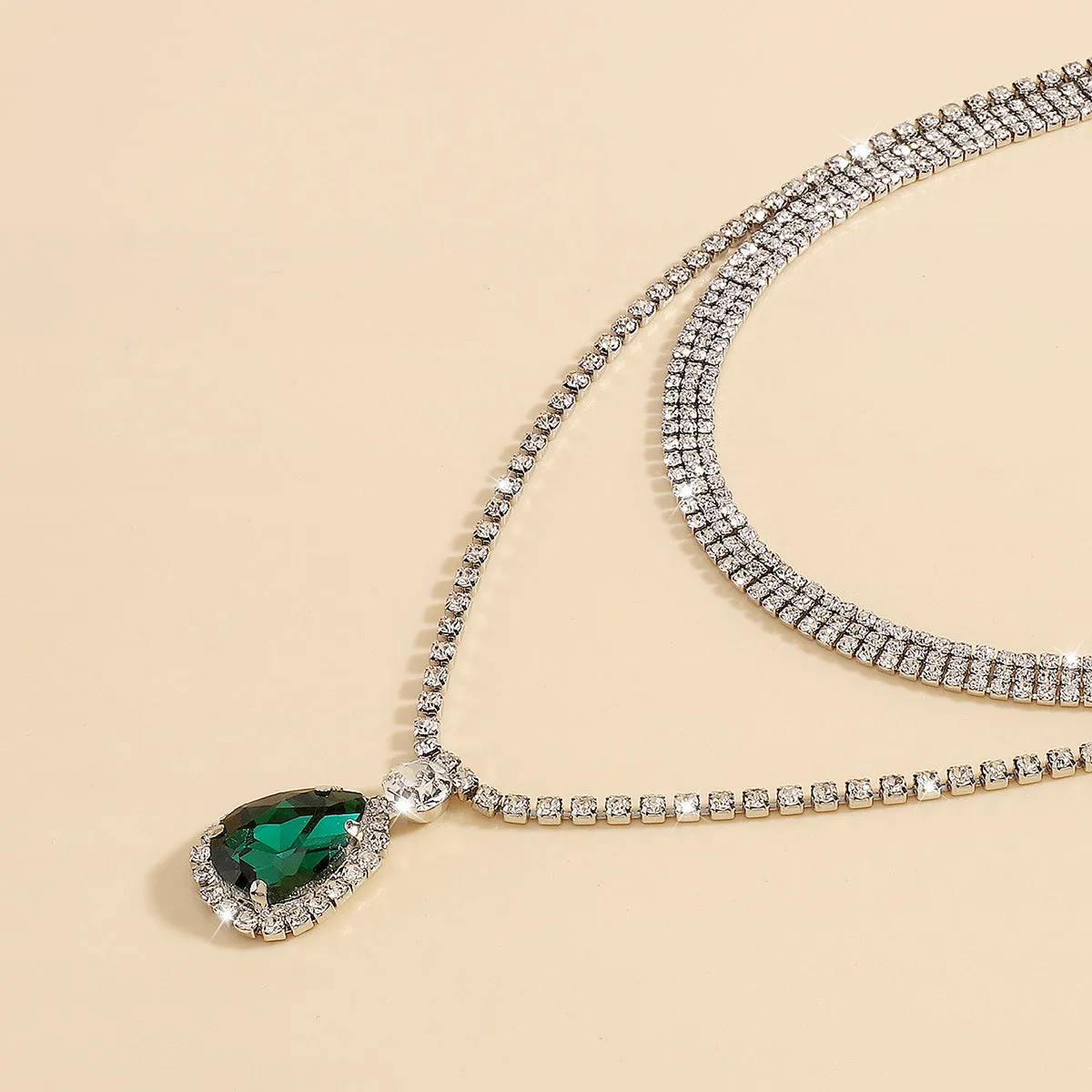Cubic Zirconia & Green Crystal Silver-Plated Layered Pendant Necklace