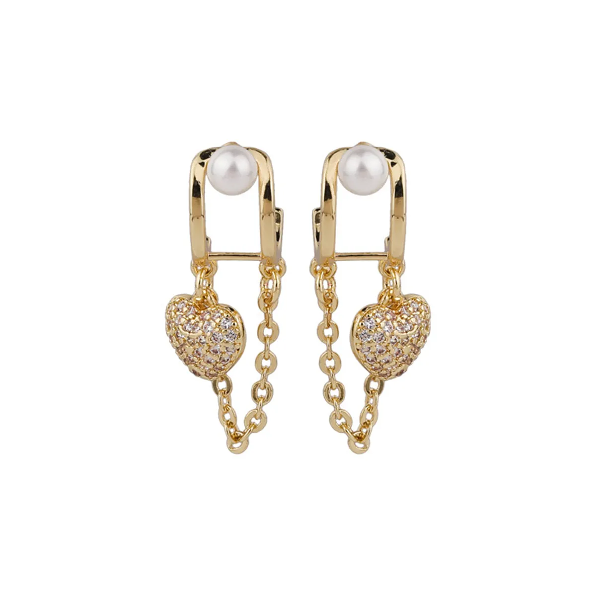 Cubic Zirconia & Pearl Heart Chain Huggie Earrings