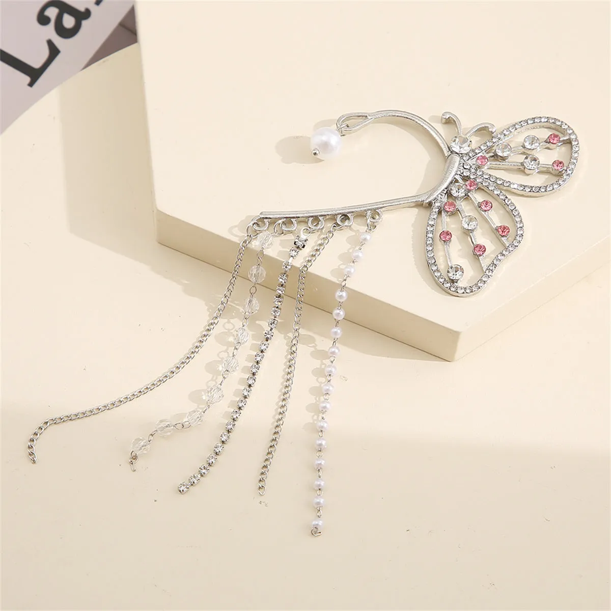 Cubic Zirconia & Pearl Silver-Plated Butterfly Tassel Ear Hanger