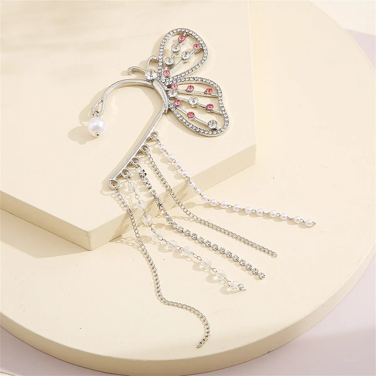 Cubic Zirconia & Pearl Silver-Plated Butterfly Tassel Ear Hanger