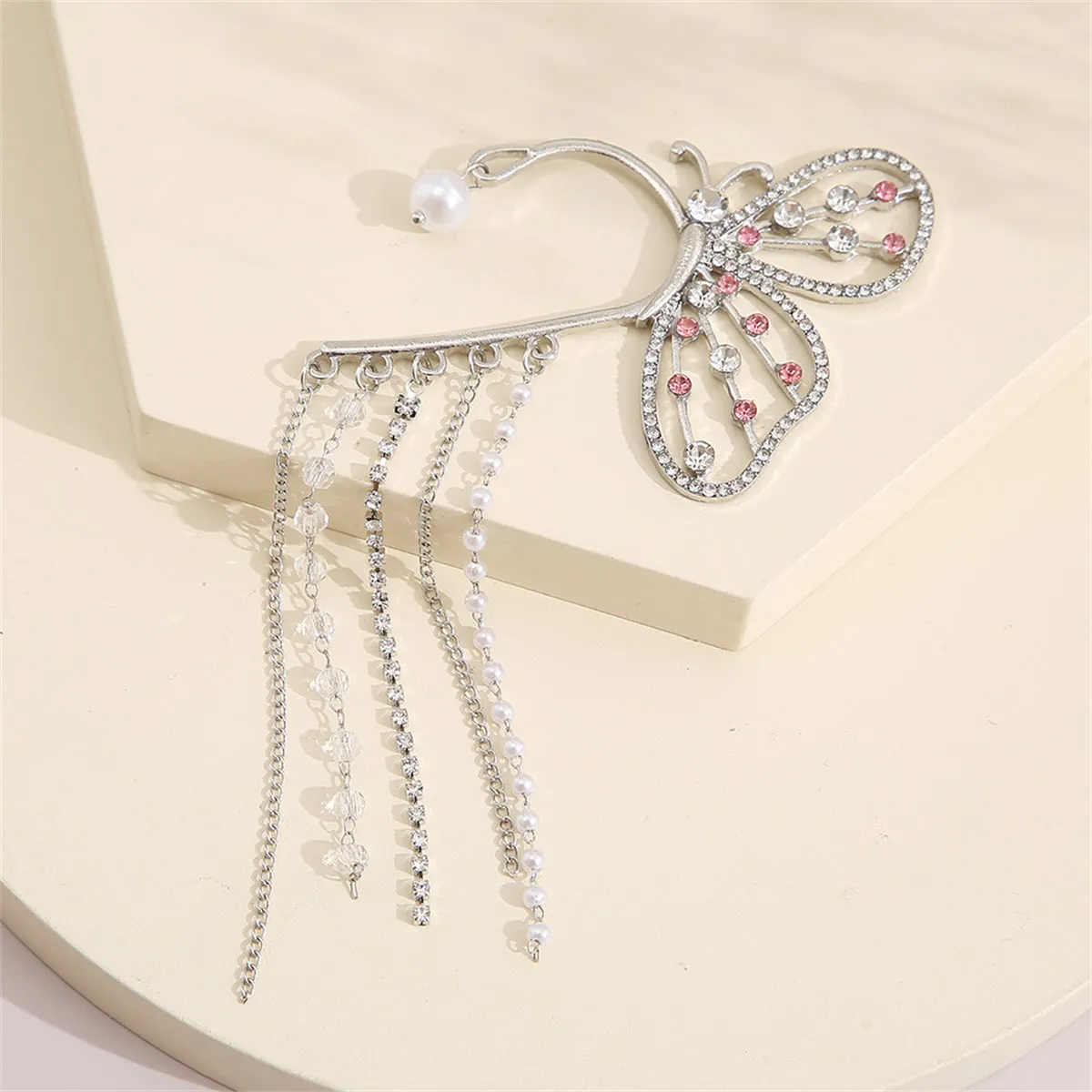 Cubic Zirconia & Pearl Silver-Plated Butterfly Tassel Ear Hanger