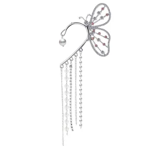 Cubic Zirconia & Pearl Silver-Plated Butterfly Tassel Ear Hanger