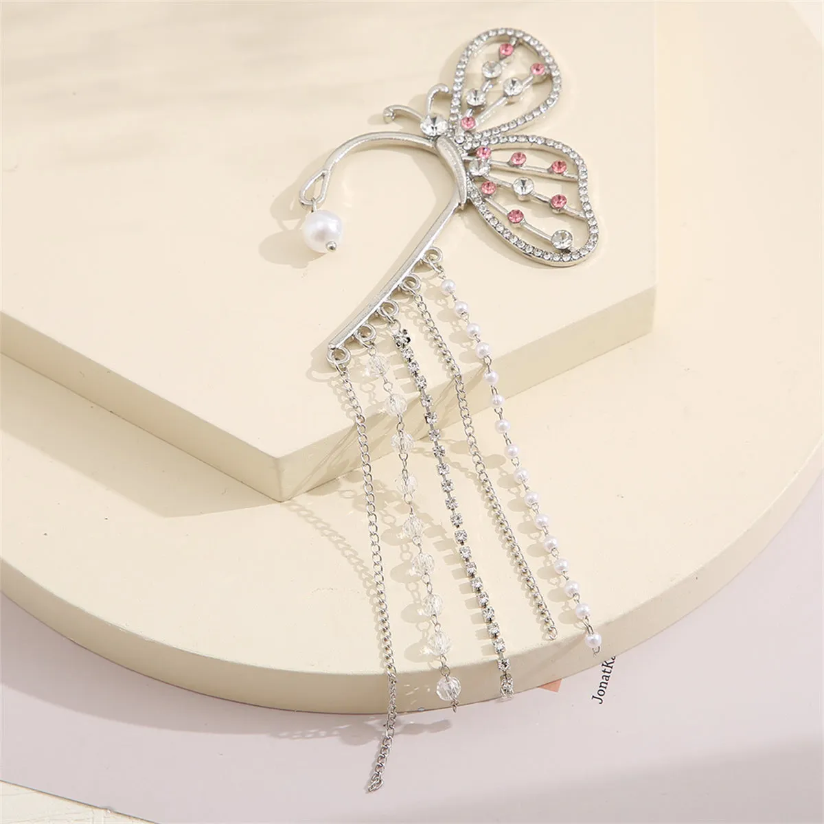 Cubic Zirconia & Pearl Silver-Plated Butterfly Tassel Ear Hanger