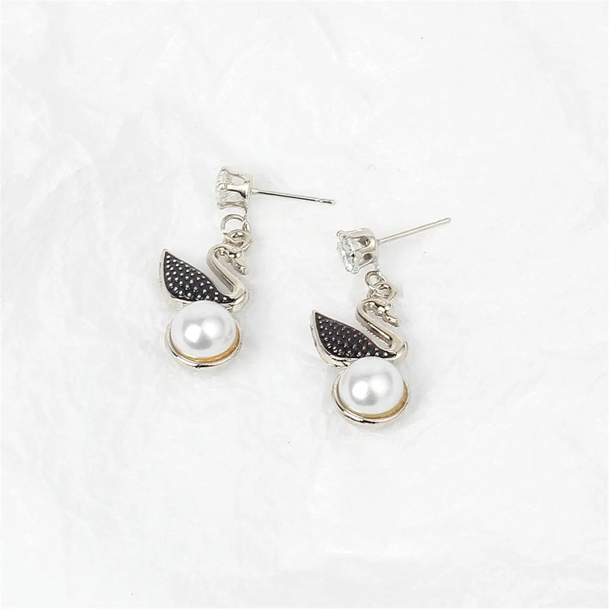 Cubic Zirconia & Pearl Silver-Plated Swan Drop Earring