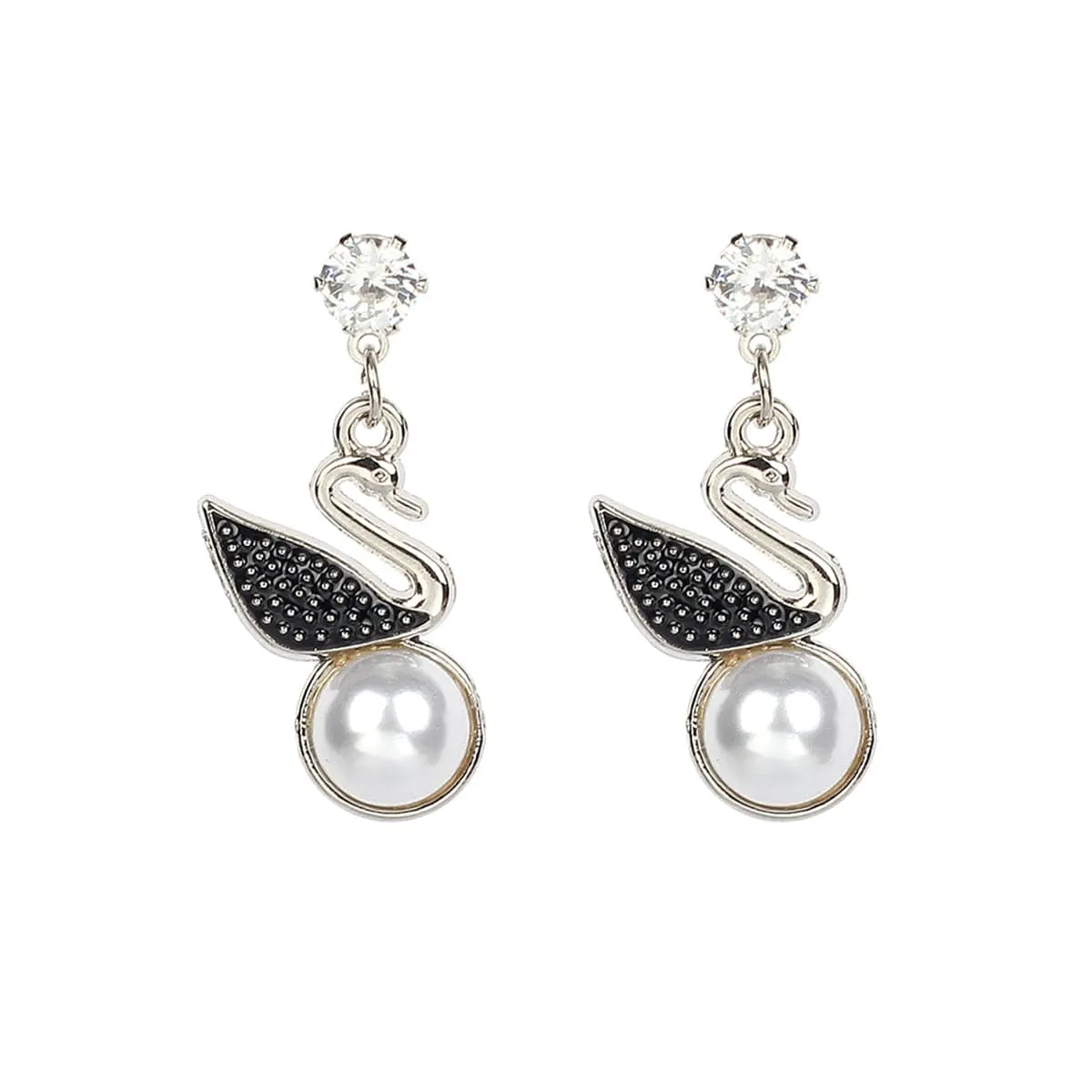 Cubic Zirconia & Pearl Silver-Plated Swan Drop Earring