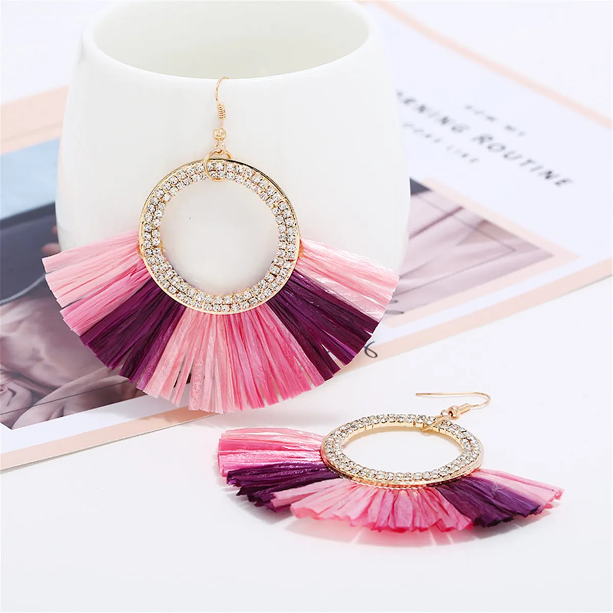 Cubic Zirconia & Pink Raffia Tassel Round Drop Earrings