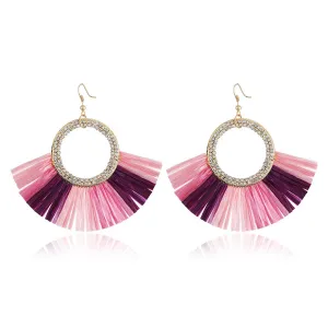 Cubic Zirconia & Pink Raffia Tassel Round Drop Earrings