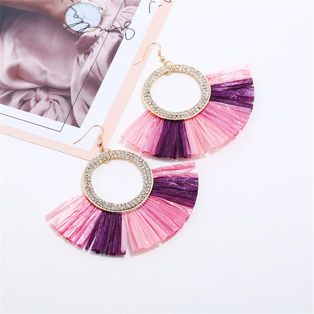 Cubic Zirconia & Pink Raffia Tassel Round Drop Earrings