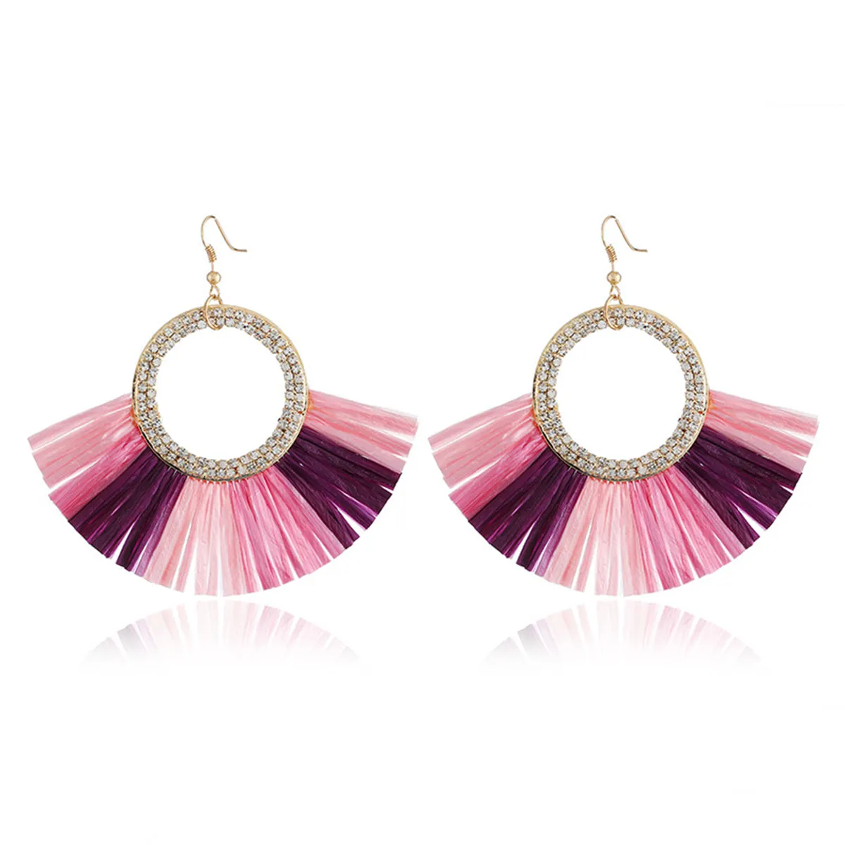 Cubic Zirconia & Pink Raffia Tassel Round Drop Earrings
