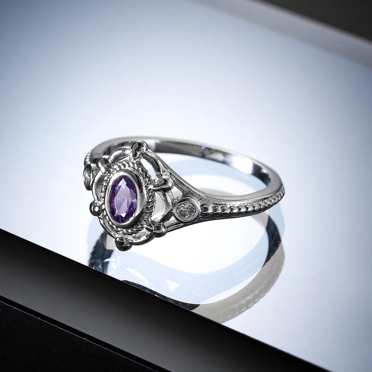 Cubic Zirconia & Purple Crystal Oval Ring